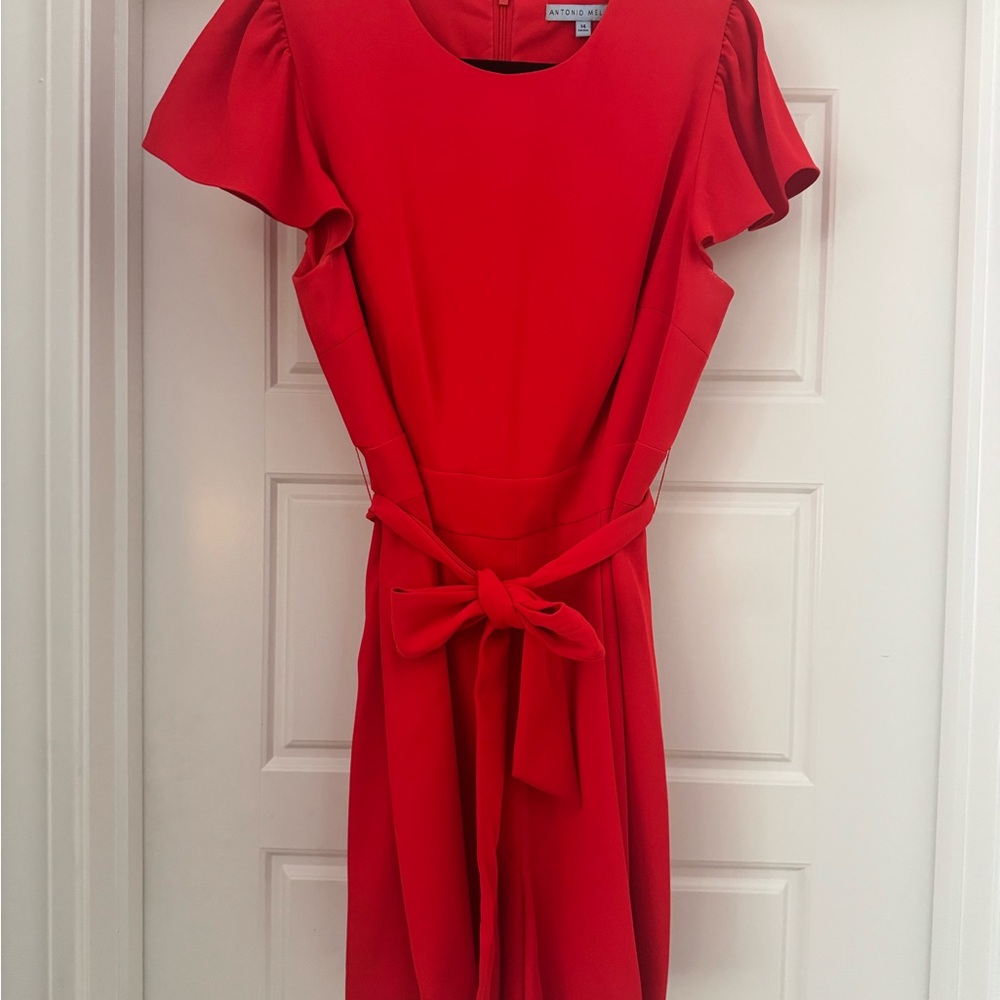 ANTONIO MELANI Vibrant Red Tie-Waist Midi Dress with Flutter Sleeves